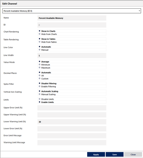 Channel Settings for a Memory Sensor Channel Settings for a Memory Sensor